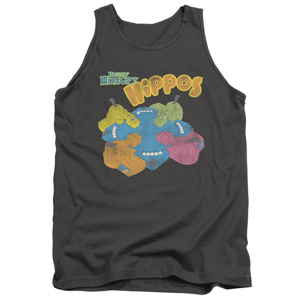 AN OFFCIALLY LICENSED HUNGRY HUNGRY HIPPOS READY TO PLAY ADULT UNISEX TANK TOP CHARCOAL