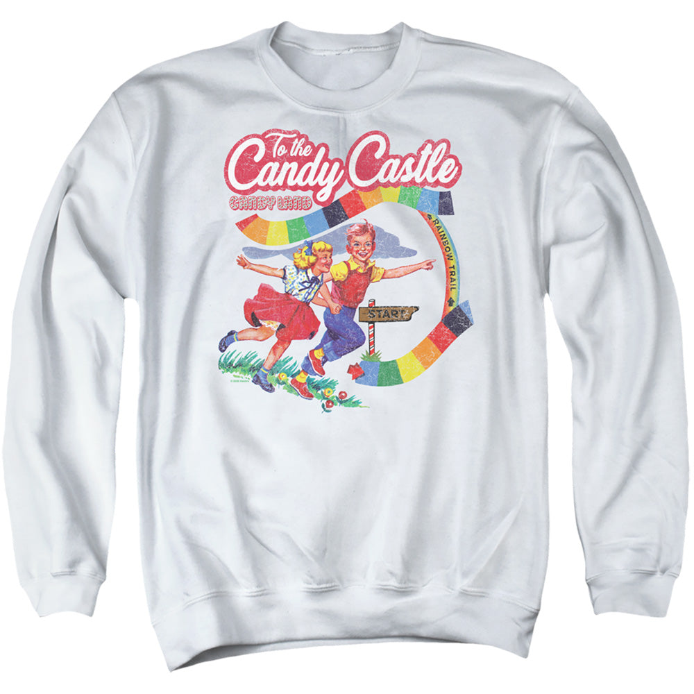 AN OFFCIALLY LICENSED CANDY LAND TO THE CANDY CASTLE ADULT UNISEX CREWNECK SWEATSHIRT WHITE