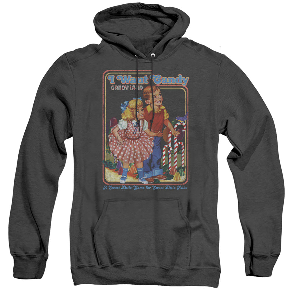 AN OFFCIALLY LICENSED CANDY LAND I WANT CANDY ADULT UNISEX HEATHER PULLOVER HOODIE BLACK