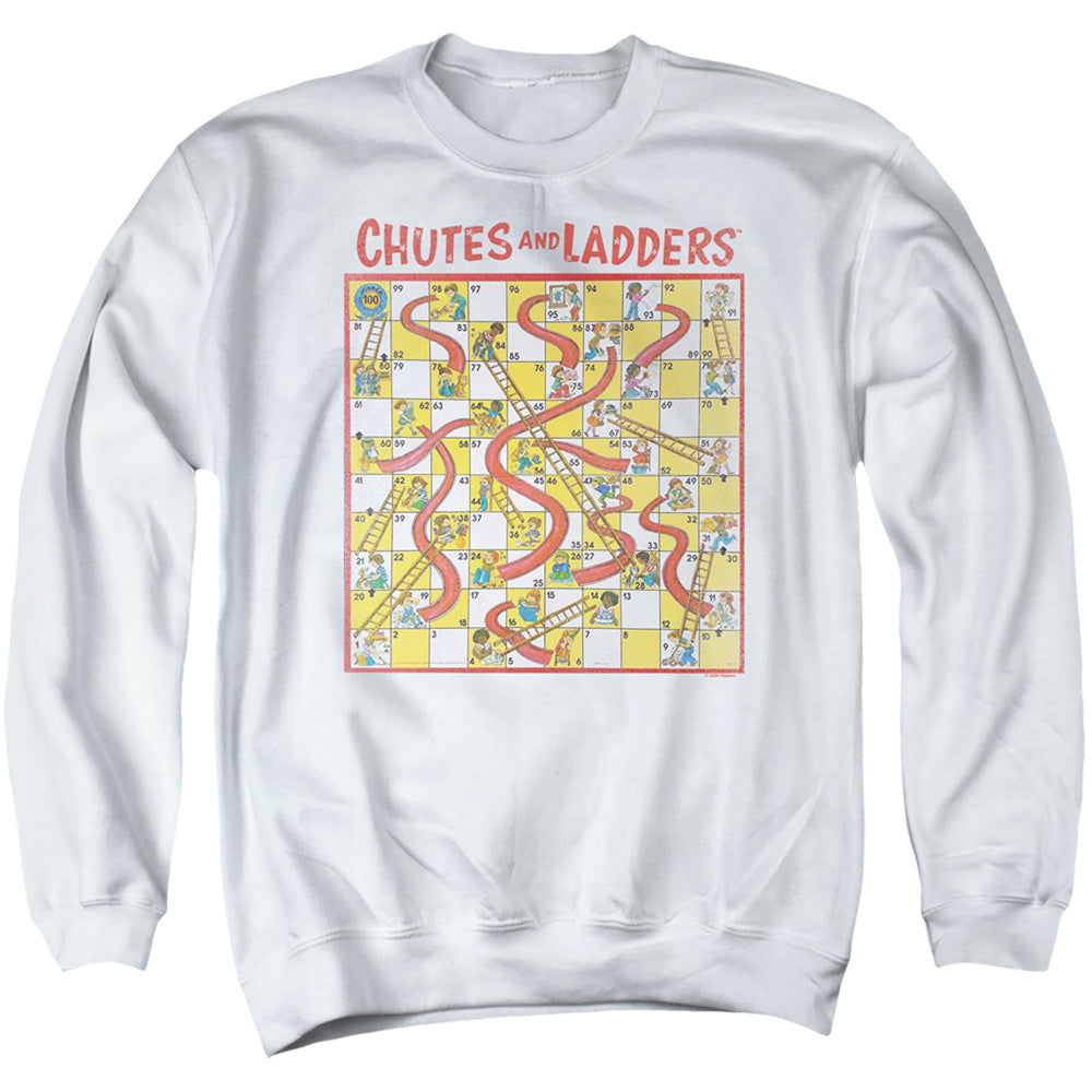 AN OFFCIALLY LICENSED CHUTES AND LADDERS 79 GAME BOARD ADULT UNISEX CREWNECK SWEATSHIRT WHITE