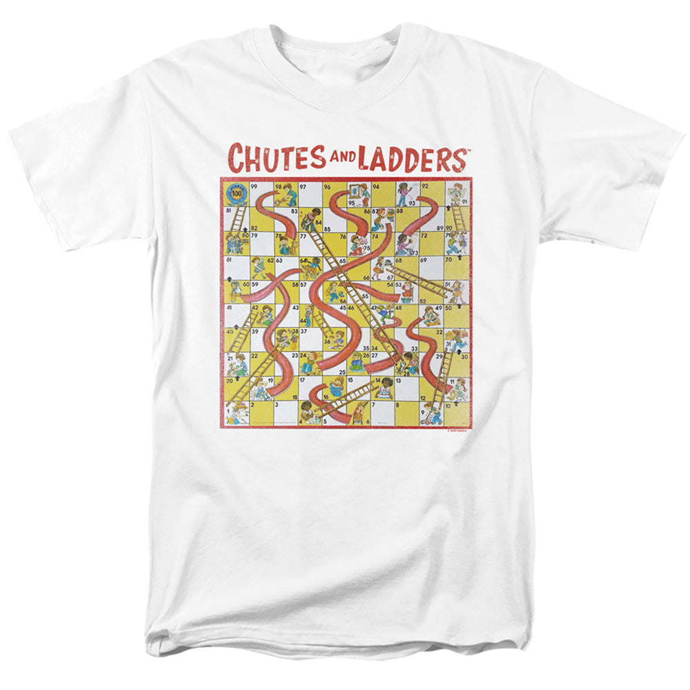 AN OFFCIALLY LICENSED CHUTES AND LADDERS 79 GAME BOARD MEN'S REGULAR FIT T-SHIRT WHITE