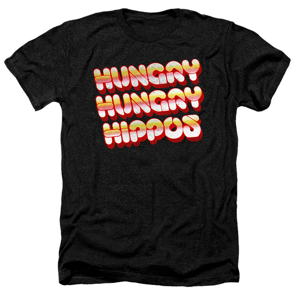 AN OFFCIALLY LICENSED HUNGRY HUNGRY HIPPOS HUNGRY VINTAGE LOGO MEN'S HEATHER T-SHIRT CHARCOAL