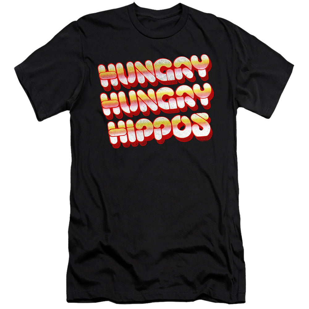 AN OFFCIALLY LICENSED HUNGRY HUNGRY HIPPOS HUNGRY VINTAGE LOGO MEN'S PREMIUM SLIM FIT T-SHIRT BLACK