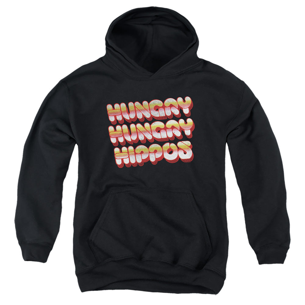 AN OFFCIALLY LICENSED HUNGRY HUNGRY HIPPOS HUNGRY VINTAGE LOGO YOUTH HOODIE BLACK