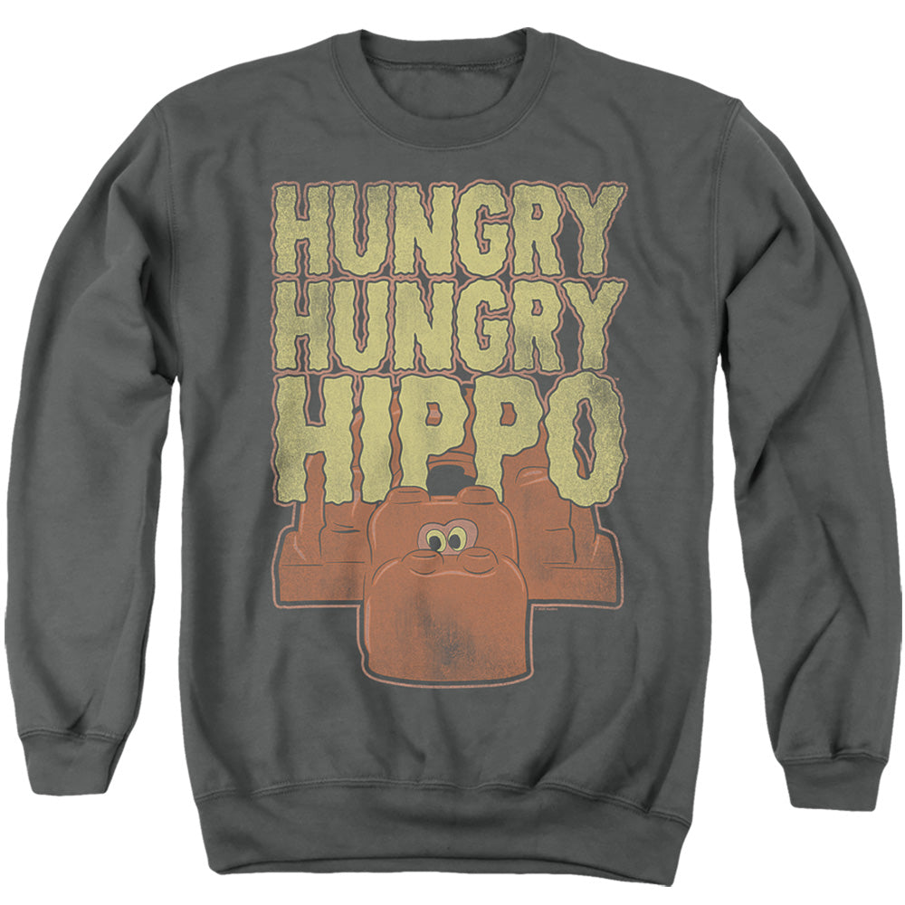 AN OFFCIALLY LICENSED HUNGRY HUNGRY HIPPOS HUNGRY HUNGRY HIPPO ADULT UNISEX CREWNECK SWEATSHIRT CHARCOAL