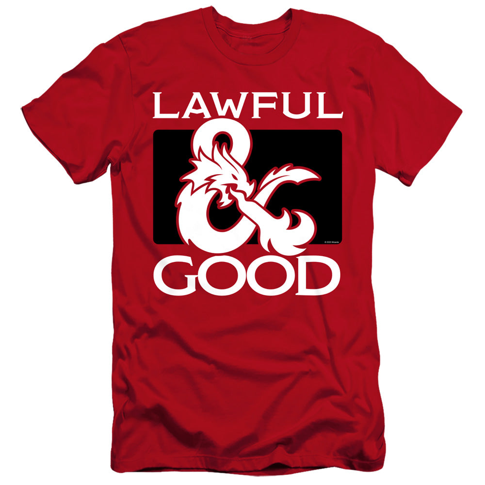 AN OFFCIALLY LICENSED DUNGEONS AND DRAGONS LAWFUL GOOD MEN'S PREMIUM SLIM FIT T-SHIRT RED