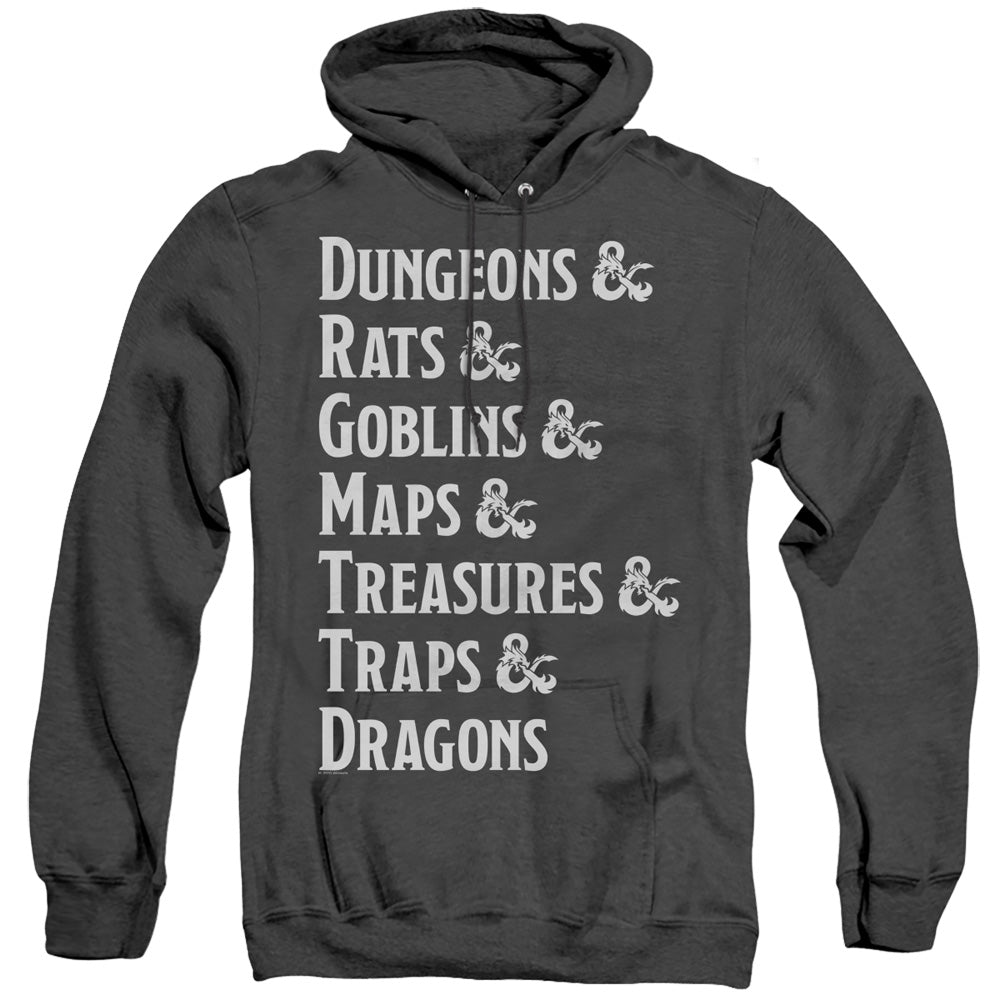 AN OFFCIALLY LICENSED DUNGEONS AND DRAGONS DUNGEON LIST ADULT UNISEX HEATHER PULLOVER HOODIE BLACK