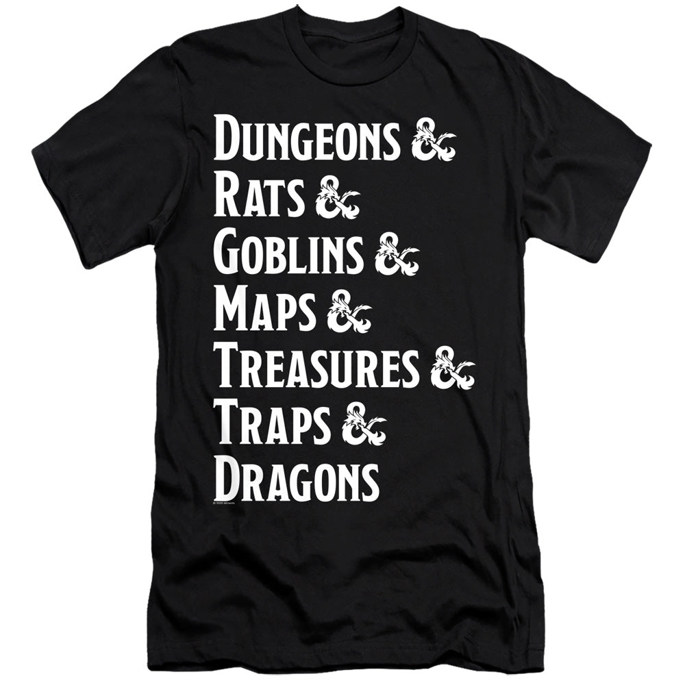 AN OFFCIALLY LICENSED DUNGEONS AND DRAGONS DUNGEON LIST MEN'S PREMIUM SLIM FIT T-SHIRT BLACK