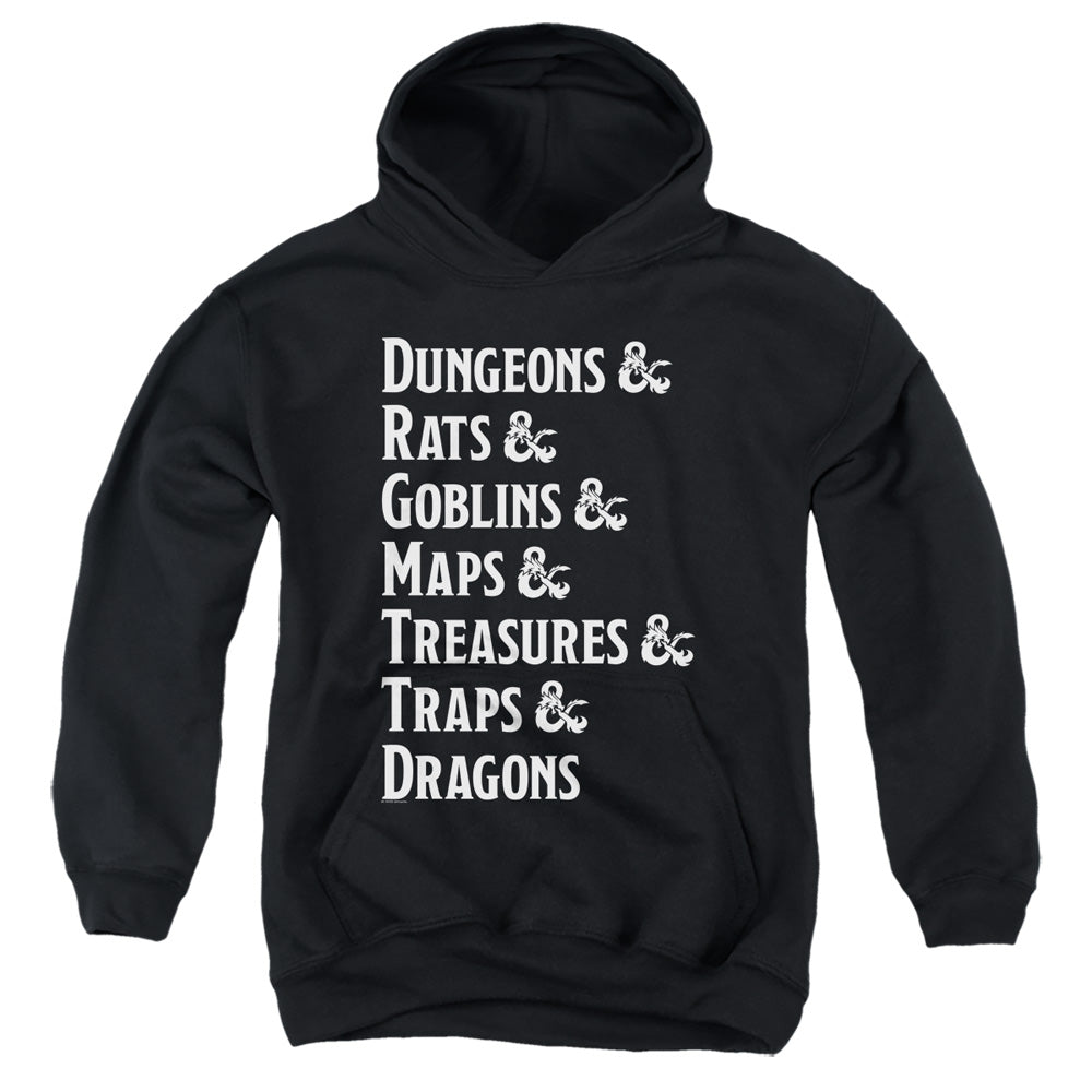 AN OFFCIALLY LICENSED DUNGEONS AND DRAGONS DUNGEON LIST YOUTH HOODIE BLACK