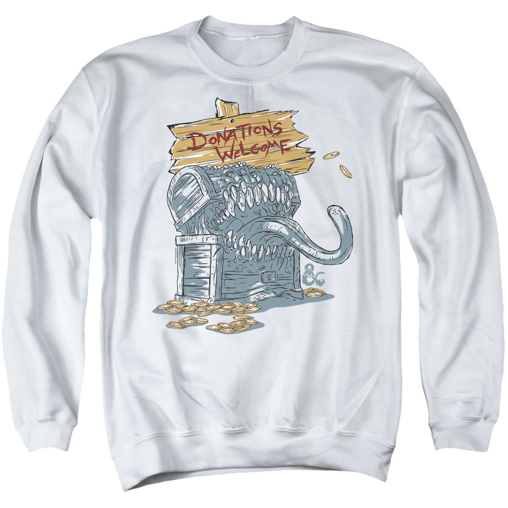 AN OFFCIALLY LICENSED DUNGEONS AND DRAGONS DONATIONS WELCOME MIMIC ADULT UNISEX CREWNECK SWEATSHIRT WHITE
