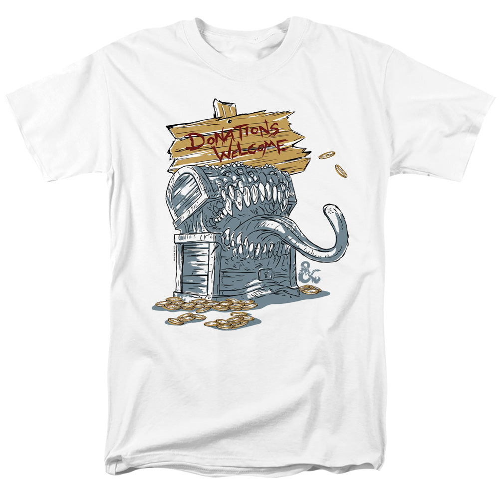 AN OFFCIALLY LICENSED DUNGEONS AND DRAGONS DONATIONS WELCOME MIMIC MEN'S REGULAR FIT T-SHIRT WHITE