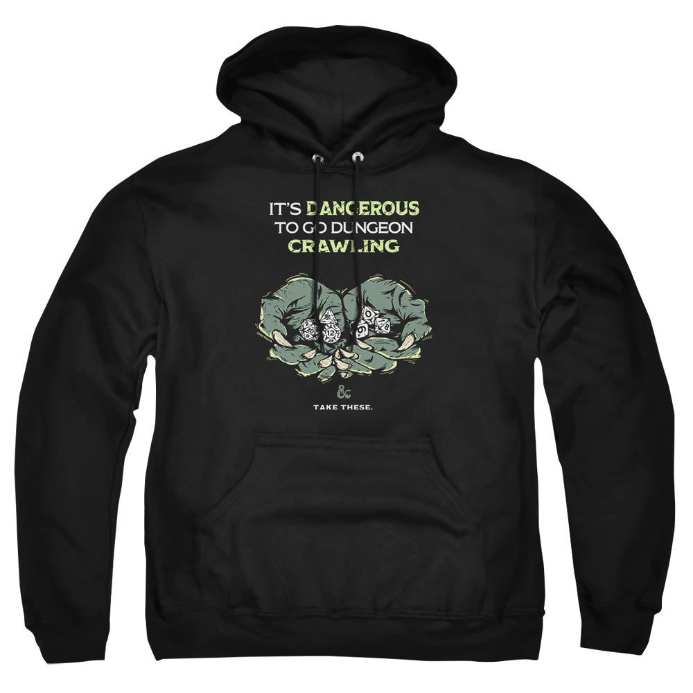 AN OFFCIALLY LICENSED DUNGEONS AND DRAGONS DANGEROUS TO GO ALONE ADULT UNISEX PULLOVER HOODIE BLACK
