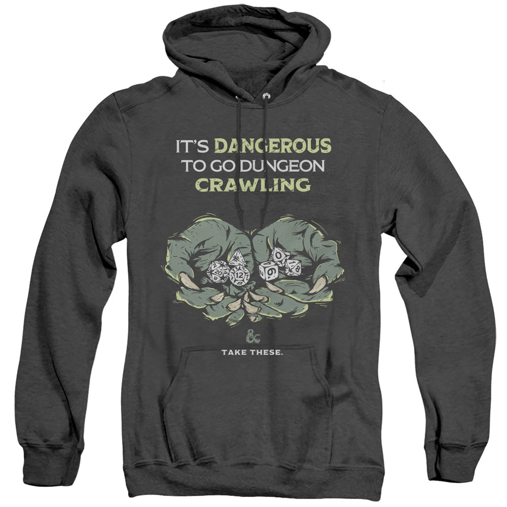 AN OFFCIALLY LICENSED DUNGEONS AND DRAGONS DANGEROUS TO GO ALONE ADULT UNISEX HEATHER PULLOVER HOODIE BLACK