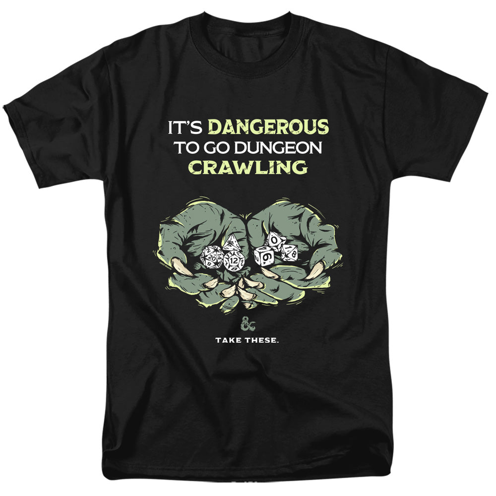 AN OFFCIALLY LICENSED DUNGEONS AND DRAGONS DANGEROUS TO GO ALONE MEN'S REGULAR FIT T-SHIRT BLACK