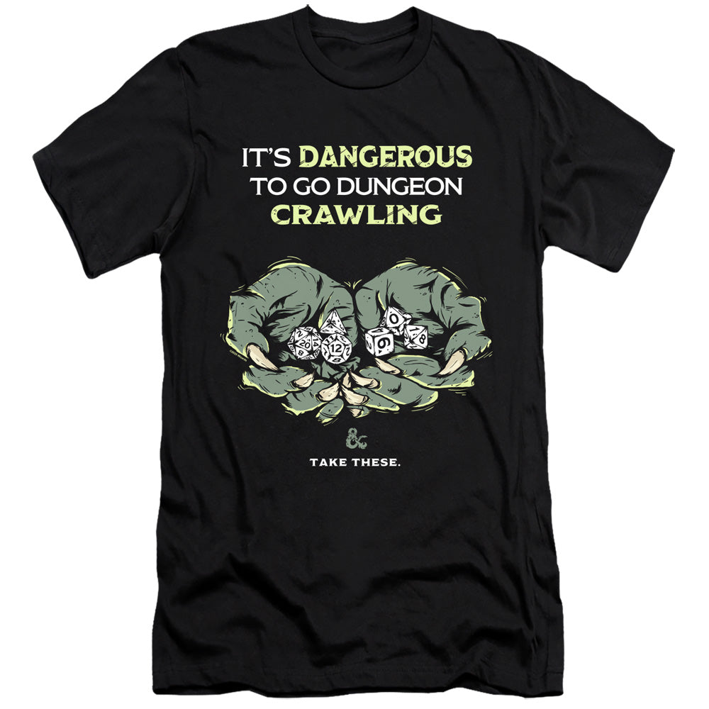 AN OFFCIALLY LICENSED DUNGEONS AND DRAGONS DANGEROUS TO GO ALONE MEN'S PREMIUM SLIM FIT T-SHIRT BLACK