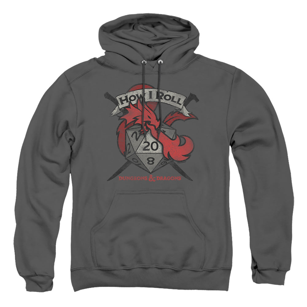 AN OFFCIALLY LICENSED DUNGEONS AND DRAGONS HOW I ROLL D AND D ADULT UNISEX PULLOVER HOODIE CHARCOAL
