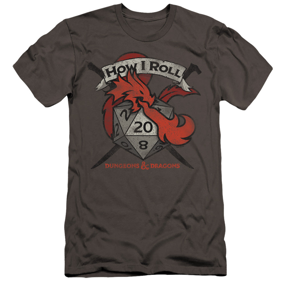 AN OFFCIALLY LICENSED DUNGEONS AND DRAGONS HOW I ROLL D AND D MEN'S PREMIUM SLIM FIT T-SHIRT CHARCOAL