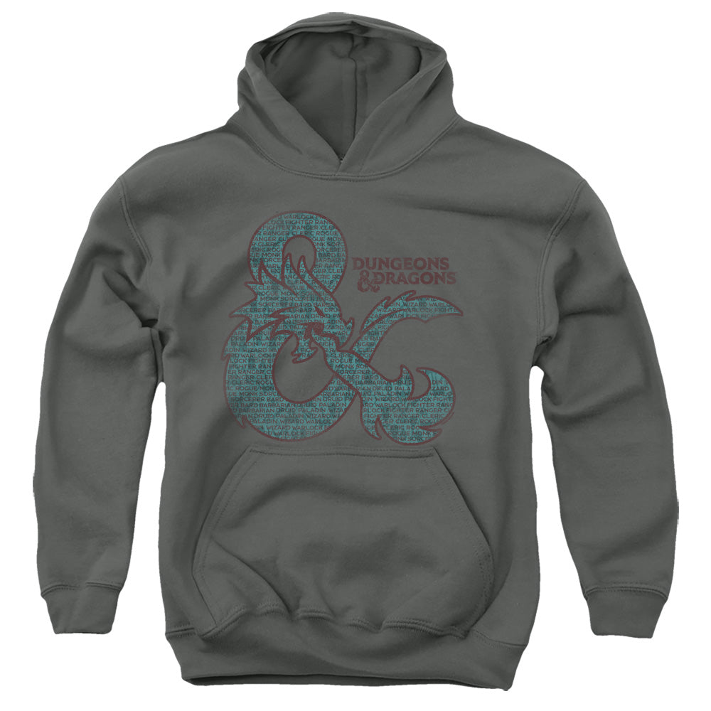 AN OFFCIALLY LICENSED DUNGEONS AND DRAGONS AMPERSAND CLASSES YOUTH HOODIE CHARCOAL