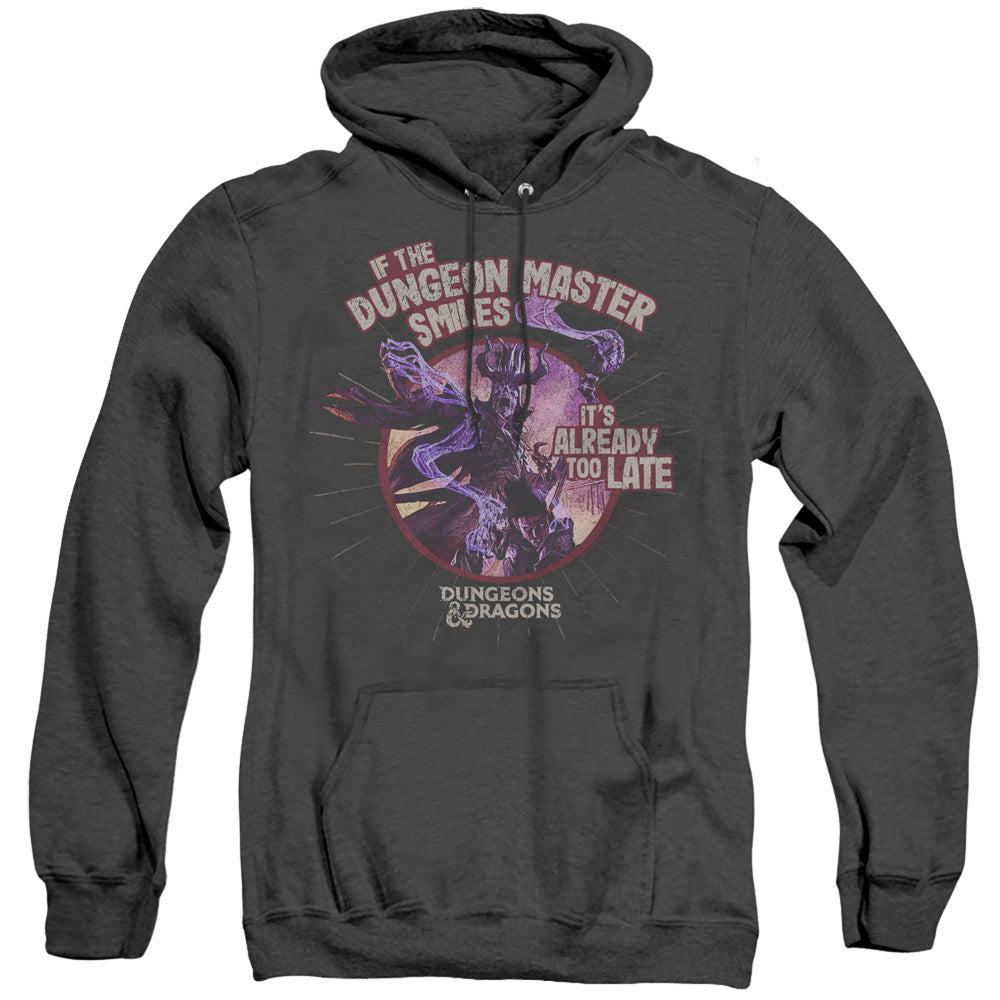 AN OFFCIALLY LICENSED DUNGEONS AND DRAGONS DUNGEON MASTER SMILES ADULT UNISEX HEATHER PULLOVER HOODIE BLACK