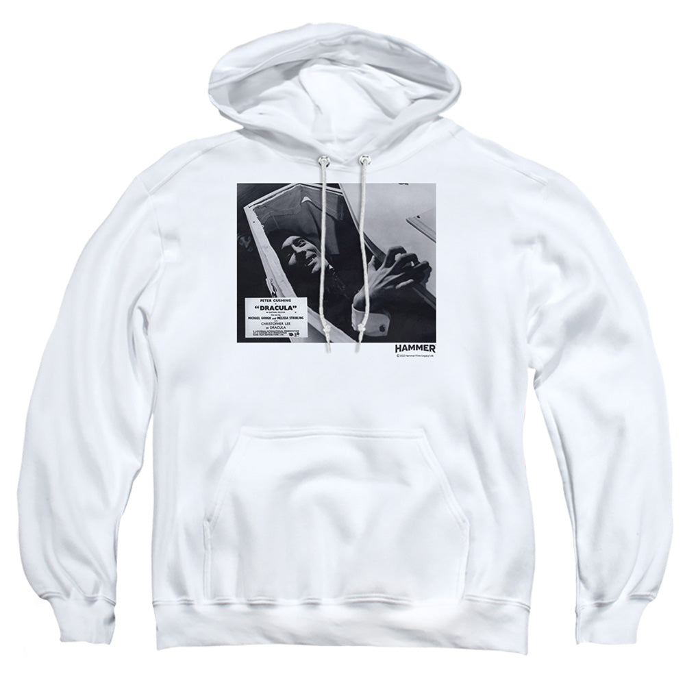 AN OFFCIALLY LICENSED HAMMER HOUSE OF HORROR COFFIN ADULT UNISEX PULLOVER HOODIE WHITE
