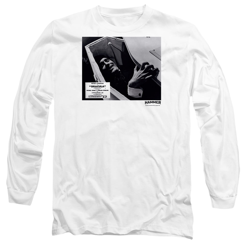 AN OFFCIALLY LICENSED HAMMER HOUSE OF HORROR COFFIN MEN'S LONG SLEEVE T-SHIRT WHITE