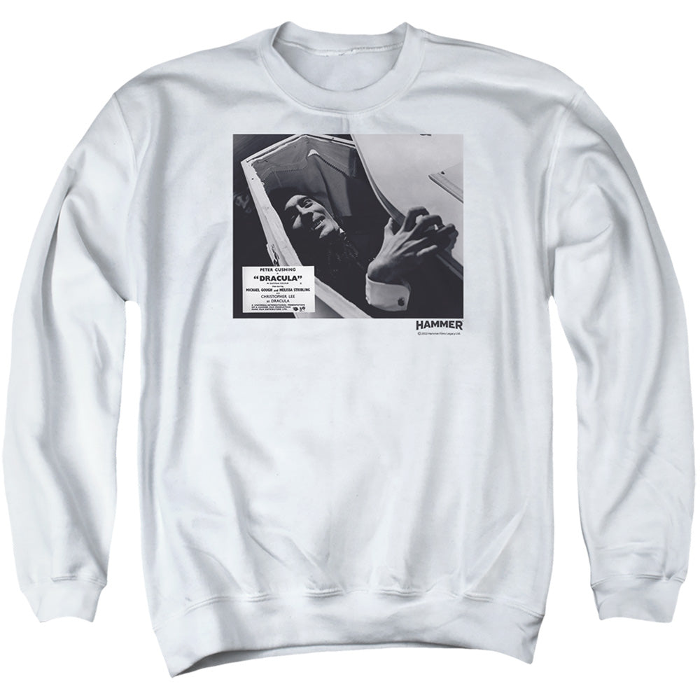 AN OFFCIALLY LICENSED HAMMER HOUSE OF HORROR COFFIN ADULT UNISEX CREWNECK SWEATSHIRT WHITE