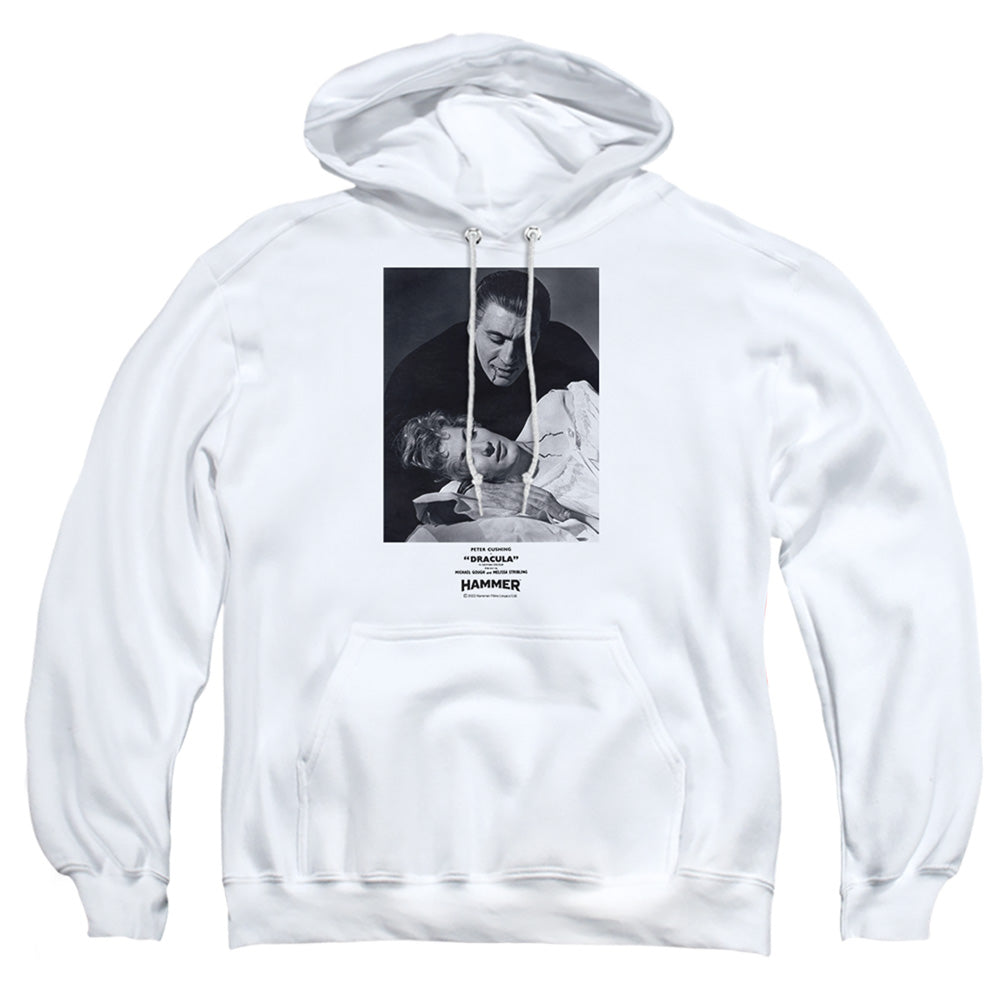 AN OFFCIALLY LICENSED HAMMER HOUSE OF HORROR DRACULA TEETH ADULT UNISEX PULLOVER HOODIE WHITE
