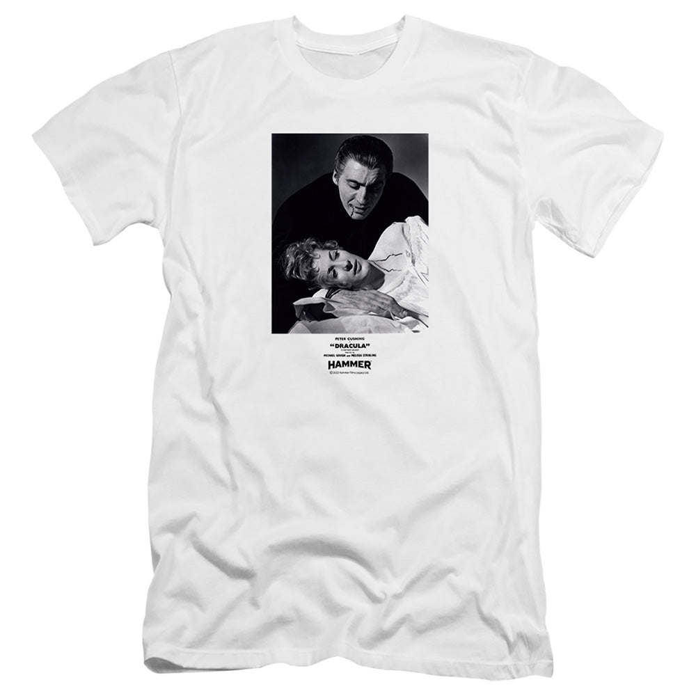 AN OFFCIALLY LICENSED HAMMER HOUSE OF HORROR DRACULA TEETH MEN'S PREMIUM SLIM FIT T-SHIRT WHITE