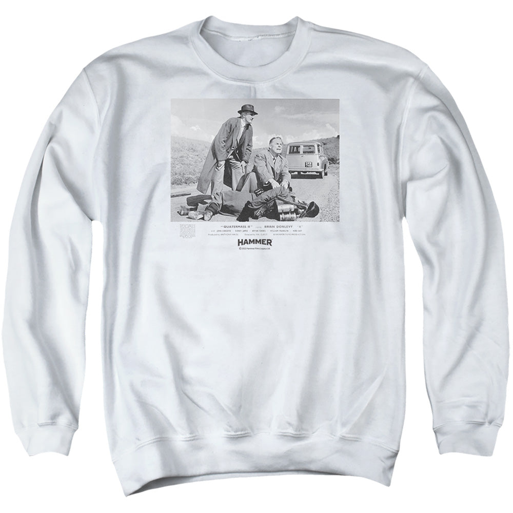 AN OFFCIALLY LICENSED HAMMER HOUSE OF HORROR QUARTERMASS 11 ADULT UNISEX CREWNECK SWEATSHIRT WHITE