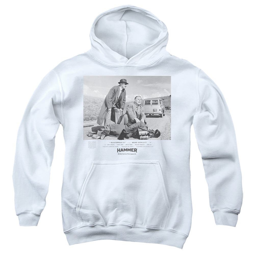 AN OFFCIALLY LICENSED HAMMER HOUSE OF HORROR QUARTERMASS 11 YOUTH HOODIE WHITE