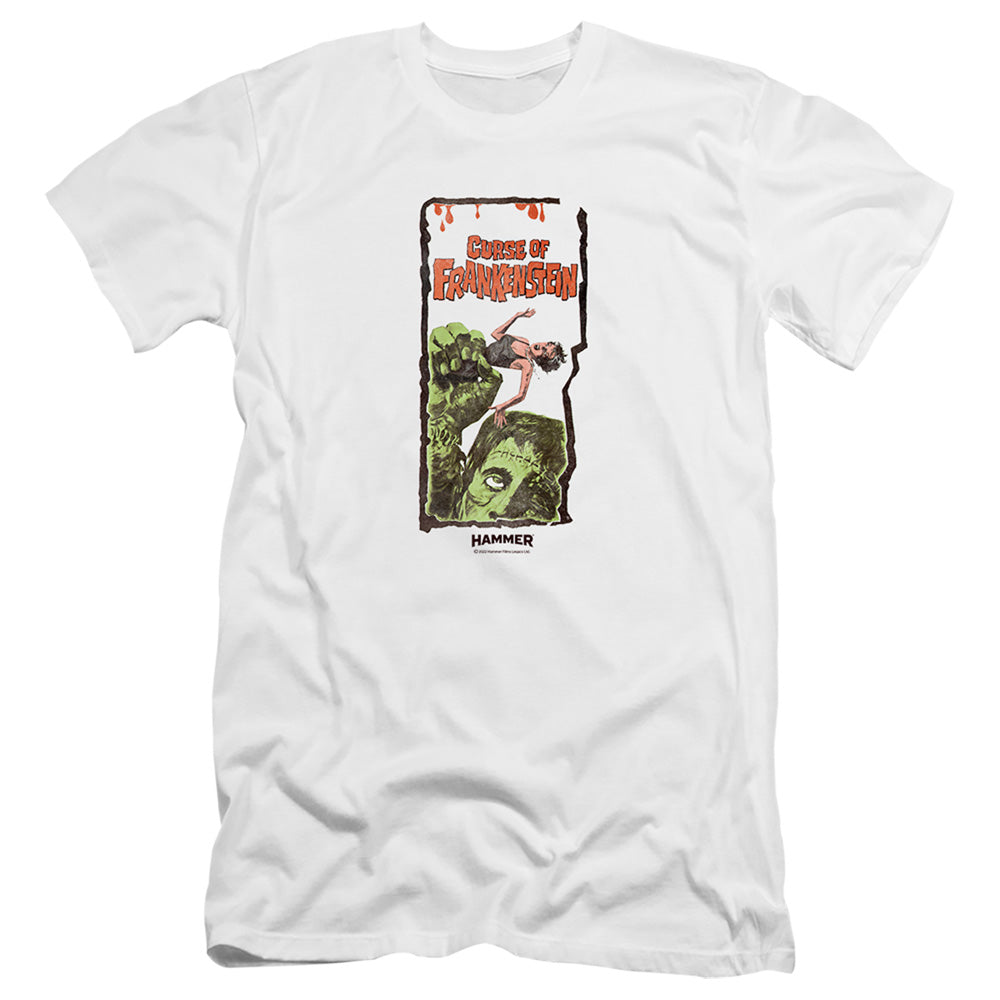 AN OFFCIALLY LICENSED HAMMER HOUSE OF HORROR CURSE OF FRANKENSTIEN MEN'S PREMIUM SLIM FIT T-SHIRT WHITE
