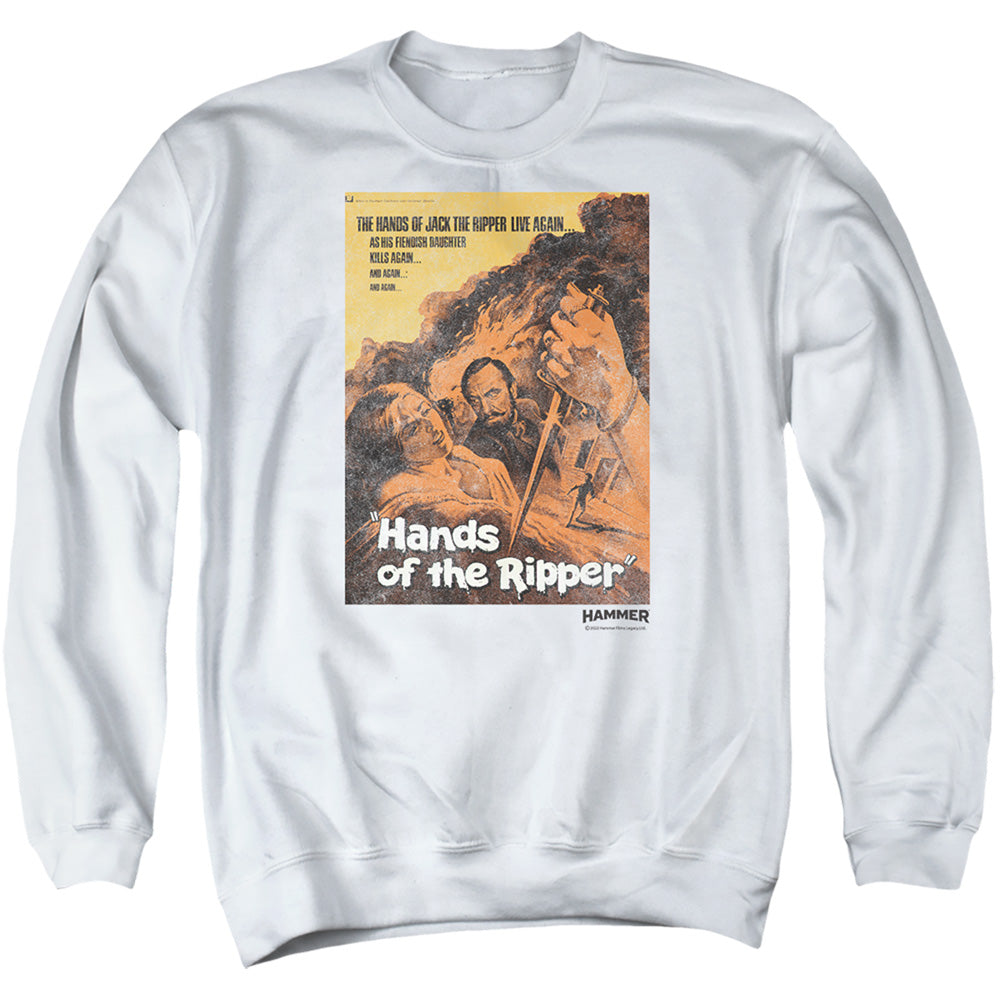 AN OFFCIALLY LICENSED HAMMER HOUSE OF HORROR HANDS OF THE RIPPER ADULT UNISEX CREWNECK SWEATSHIRT WHITE