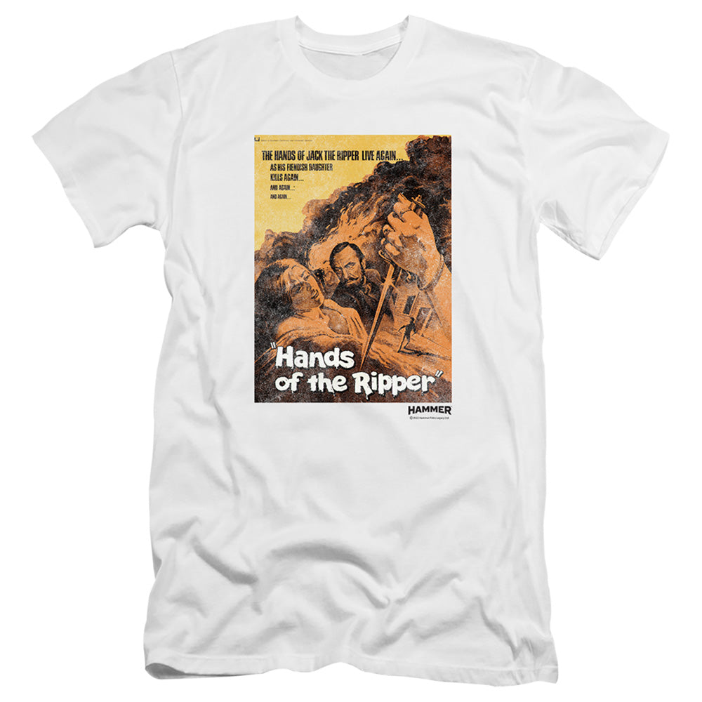 AN OFFCIALLY LICENSED HAMMER HOUSE OF HORROR HANDS OF THE RIPPER MEN'S PREMIUM SLIM FIT T-SHIRT WHITE