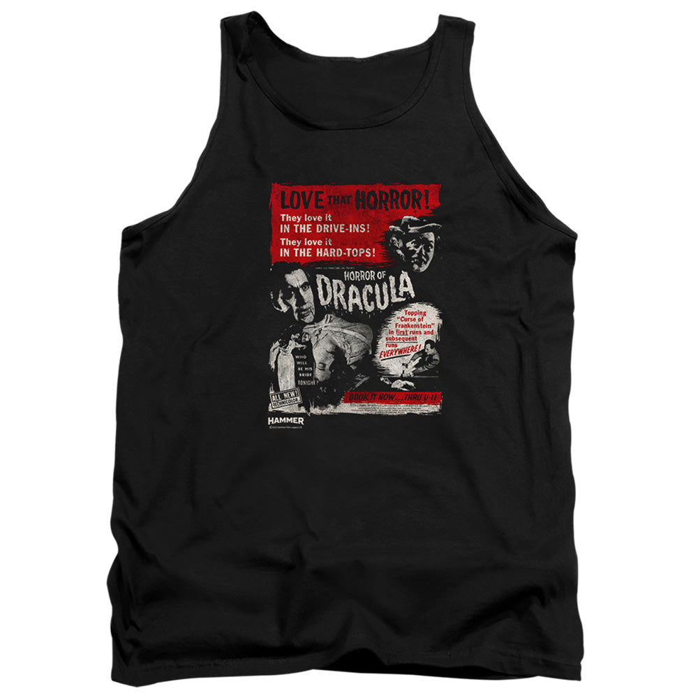 AN OFFCIALLY LICENSED HAMMER HOUSE OF HORROR LOVE HORROR OF DRACULA ADULT UNISEX TANK TOP BLACK