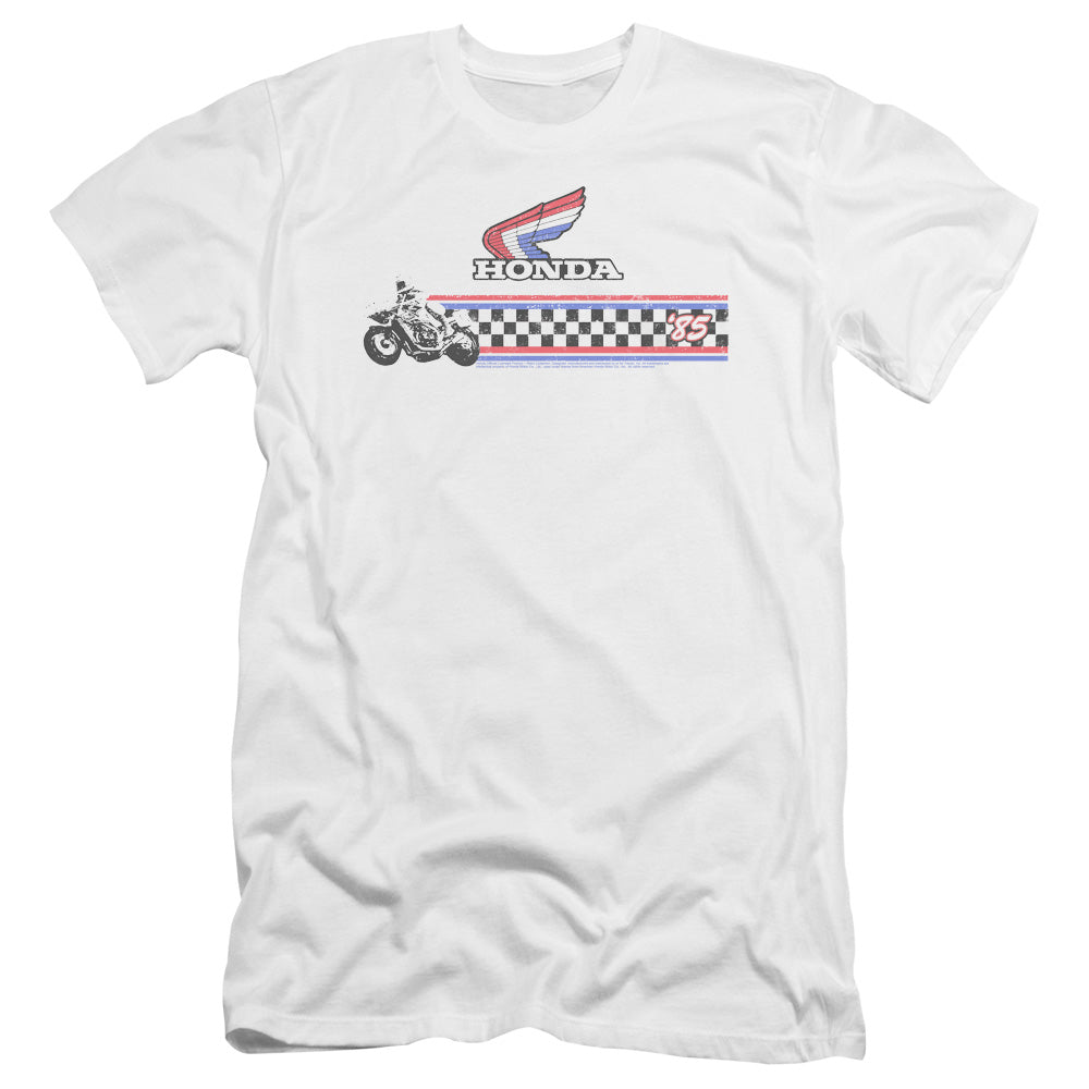 AN OFFCIALLY LICENSED HONDA 1985 RED WHITE BLUE MEN'S PREMIUM SLIM FIT T-SHIRT WHITE