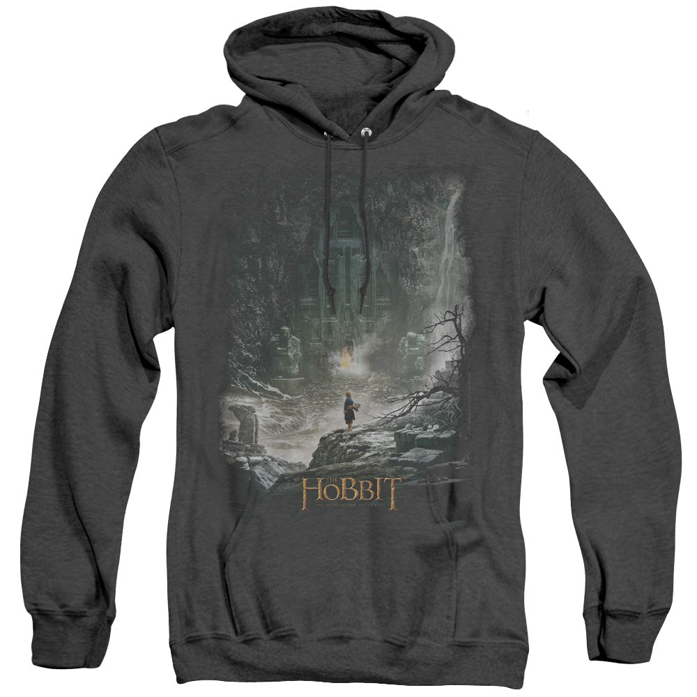 AN OFFCIALLY LICENSED HOBBIT AT SMAUGS DOOR ADULT UNISEX HEATHER PULLOVER HOODIE BLACK