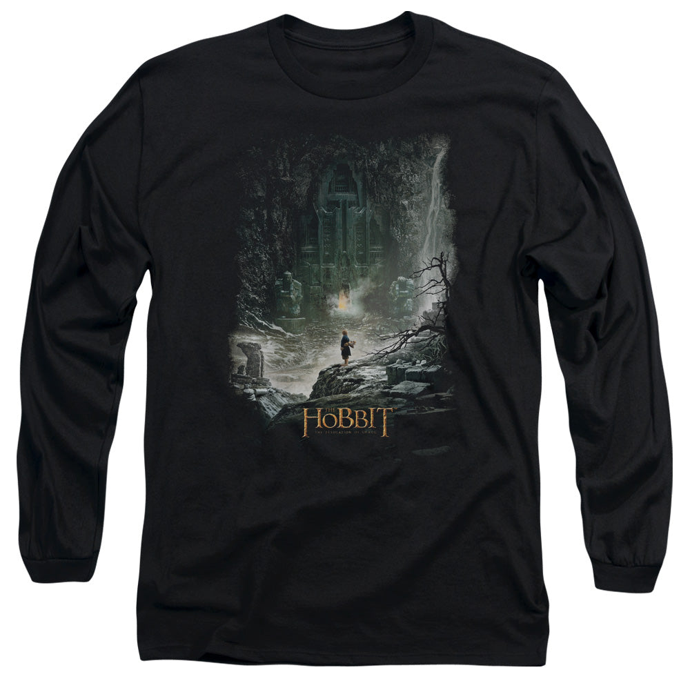 AN OFFCIALLY LICENSED HOBBIT AT SMAUGS DOOR MEN'S LONG SLEEVE T-SHIRT BLACK