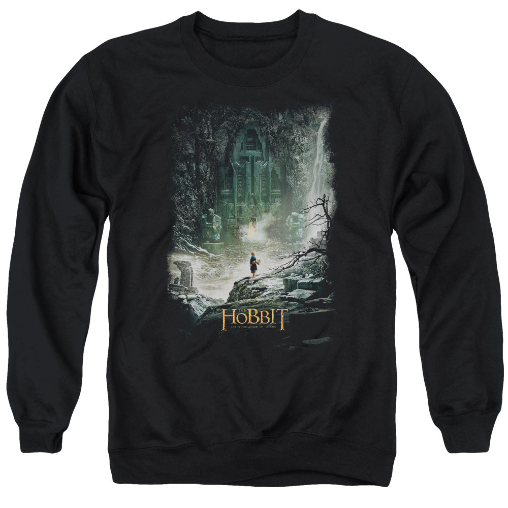 AN OFFCIALLY LICENSED HOBBIT AT SMAUGS DOOR ADULT UNISEX CREWNECK SWEATSHIRT BLACK