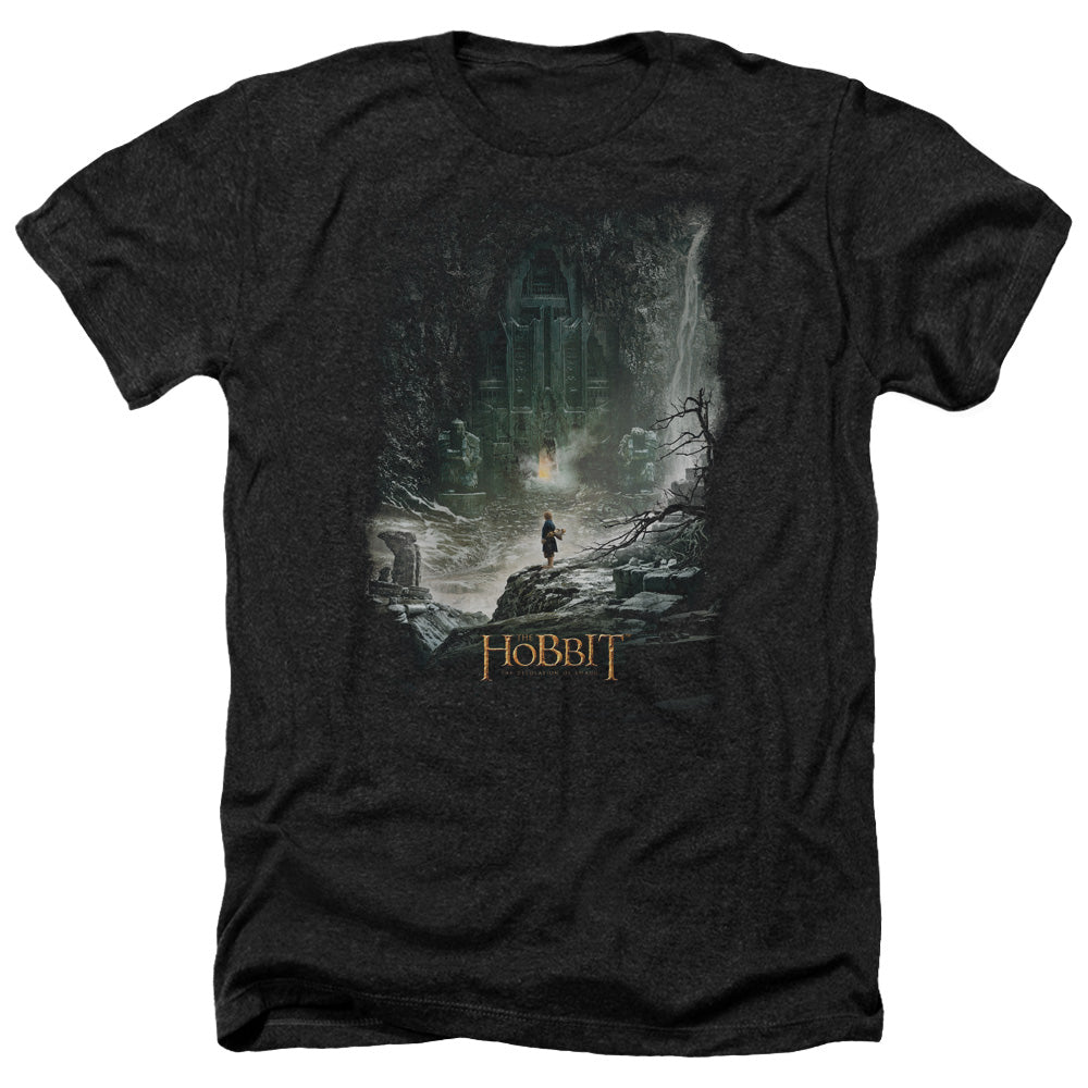 AN OFFCIALLY LICENSED HOBBIT AT SMAUGS DOOR MEN'S HEATHER T-SHIRT CHARCOAL