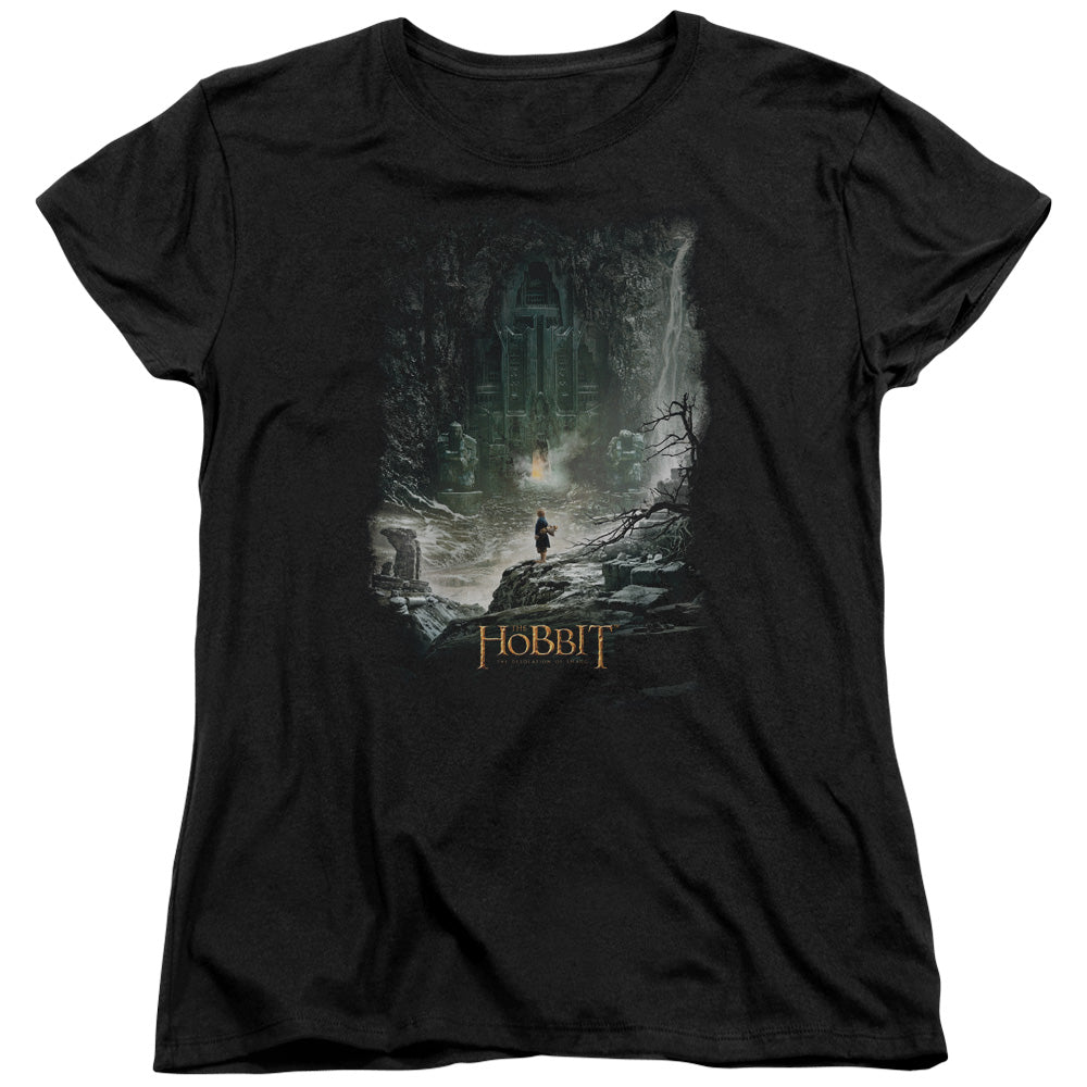 AN OFFCIALLY LICENSED HOBBIT AT SMAUGS DOOR WOMEN'S REGULAR FIT T-SHIRT BLACK
