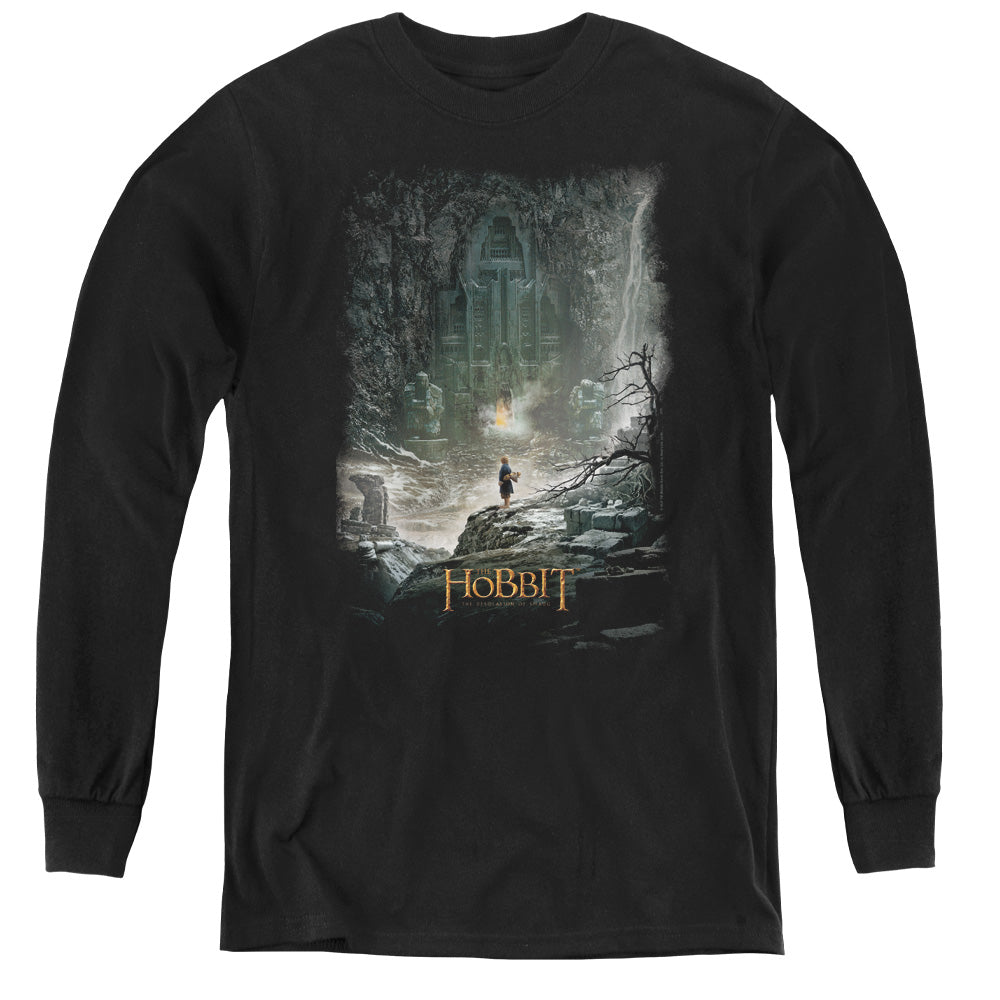 AN OFFCIALLY LICENSED HOBBIT AT SMAUGS DOOR YOUTH LONG SLEEVE T-SHIRT BLACK