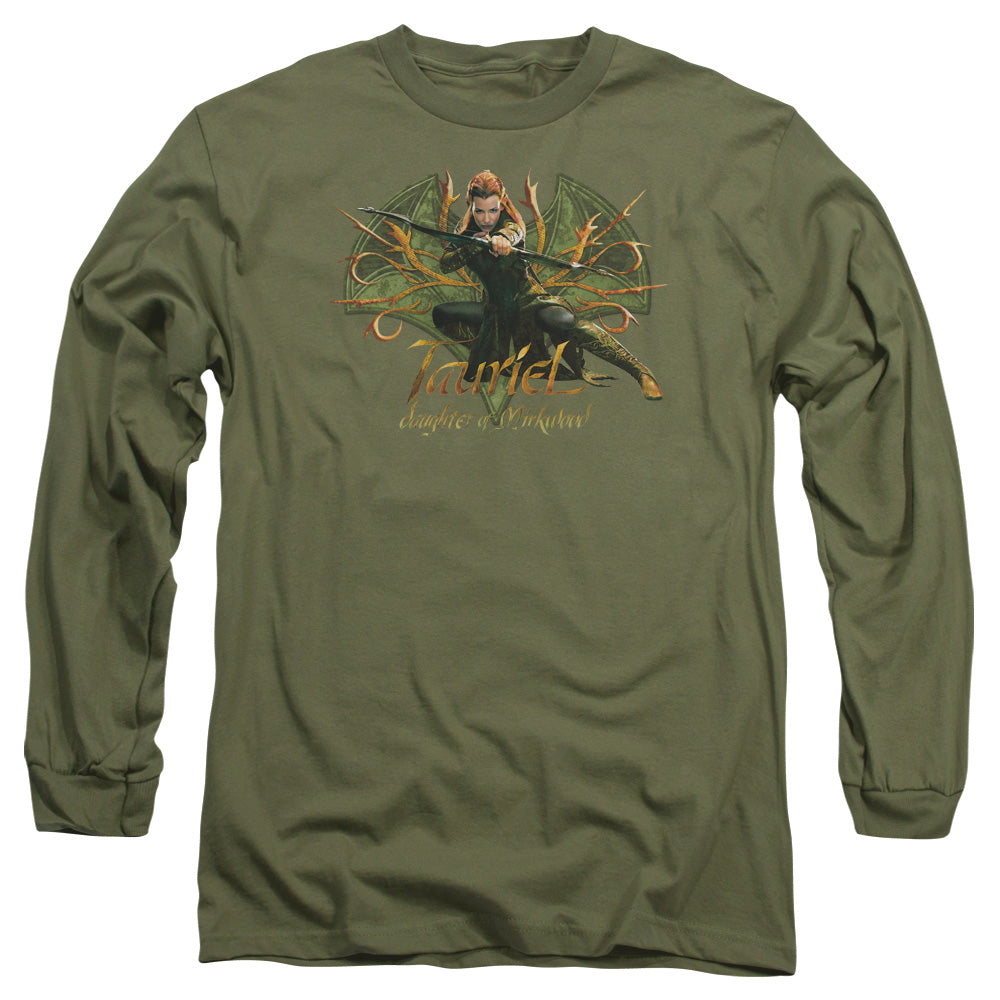 AN OFFCIALLY LICENSED HOBBIT TAURIEL MEN'S LONG SLEEVE T-SHIRT MILITARY GREEN