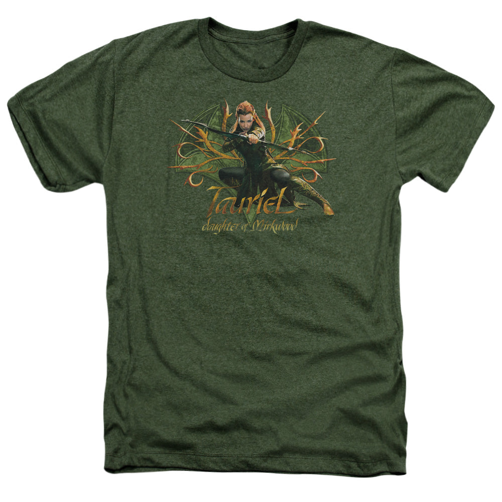 AN OFFCIALLY LICENSED HOBBIT TAURIEL MEN'S HEATHER T-SHIRT MILITARY GREEN