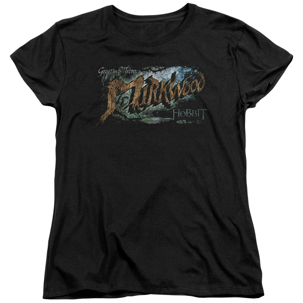 AN OFFCIALLY LICENSED HOBBIT GREETINGS FROM MIRKWOOD WOMEN'S REGULAR FIT T-SHIRT BLACK