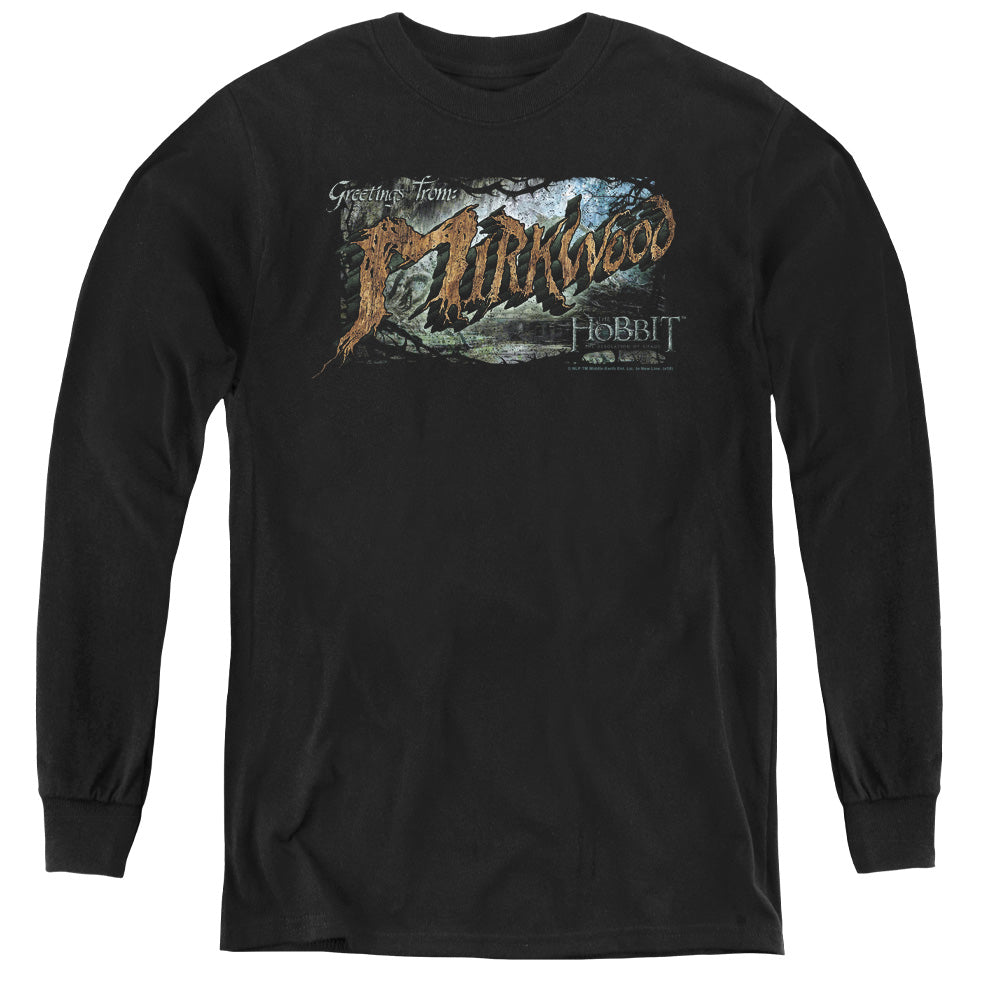 AN OFFCIALLY LICENSED HOBBIT GREETINGS FROM MIRKWOOD YOUTH LONG SLEEVE T-SHIRT BLACK
