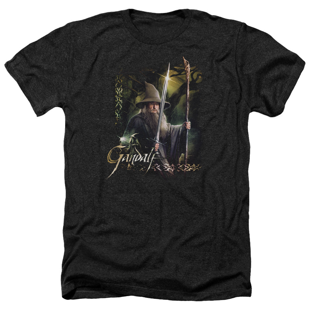 AN OFFCIALLY LICENSED HOBBIT SWORD AND STAFF MEN'S HEATHER T-SHIRT CHARCOAL
