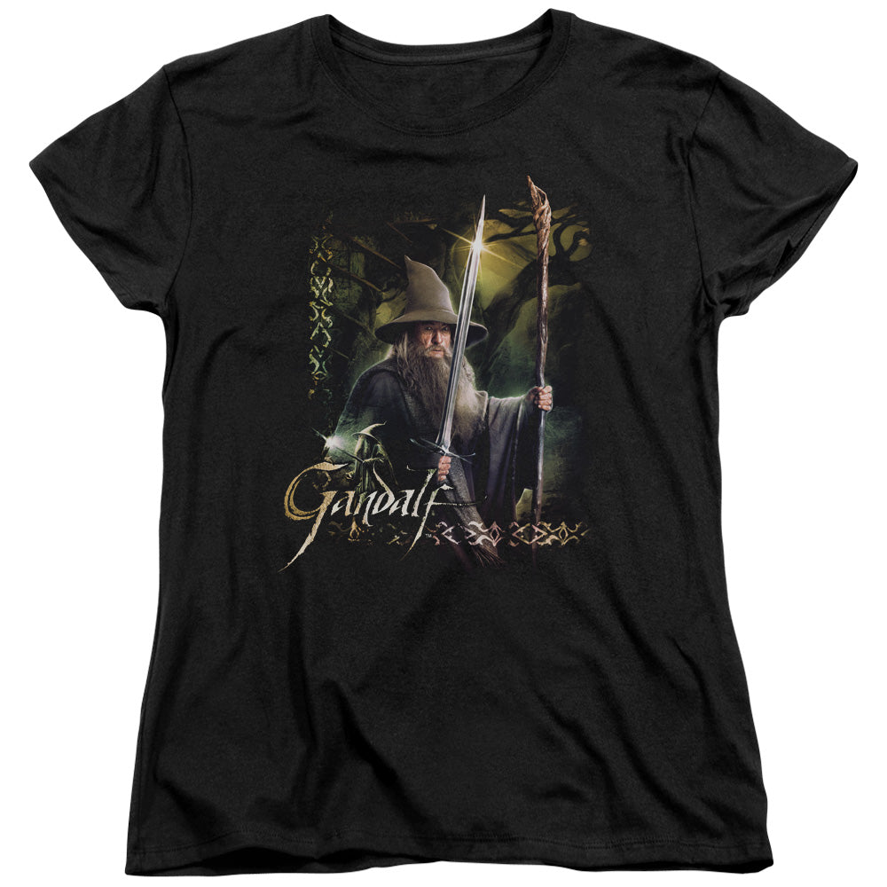 AN OFFCIALLY LICENSED HOBBIT SWORD AND STAFF WOMEN'S REGULAR FIT T-SHIRT BLACK