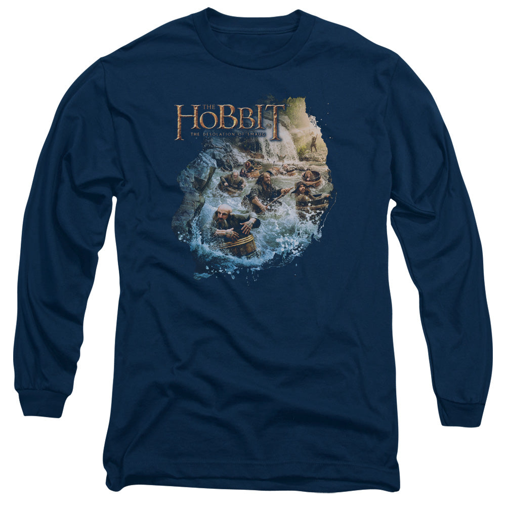 AN OFFCIALLY LICENSED HOBBIT BARRELING DOWN MEN'S LONG SLEEVE T-SHIRT NAVY
