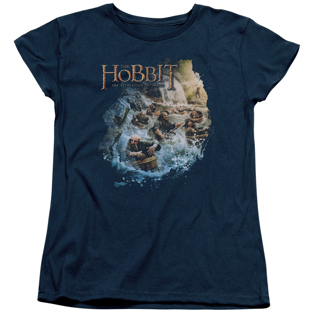 AN OFFCIALLY LICENSED HOBBIT BARRELING DOWN WOMEN'S REGULAR FIT T-SHIRT NAVY