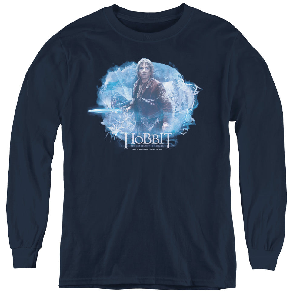 AN OFFCIALLY LICENSED HOBBIT TANGLED WEB YOUTH LONG SLEEVE T-SHIRT NAVY